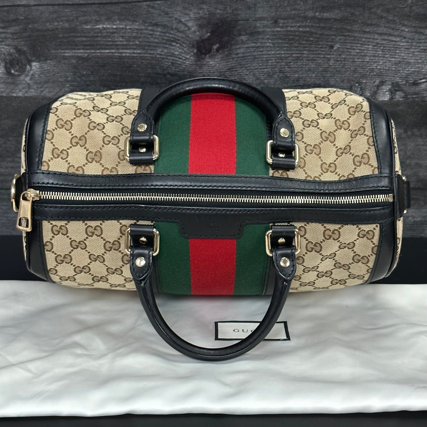 RARE BLACK LEATHER TRIM Medium GG Boston Vintage Web Bag